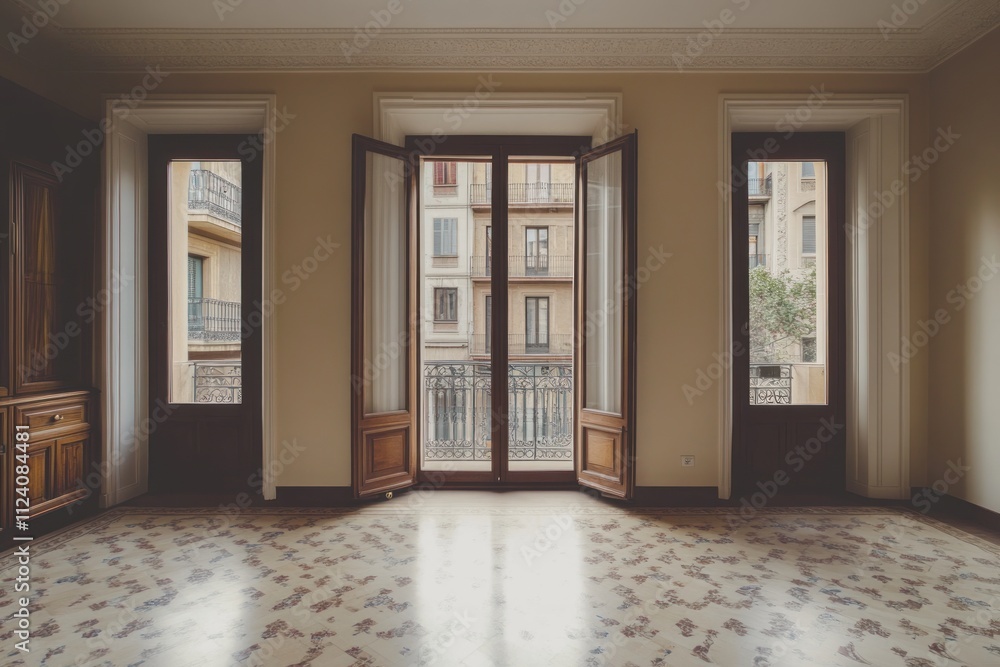 Aufkleber A spacious room with open windows showcasing a view of an urban environment.