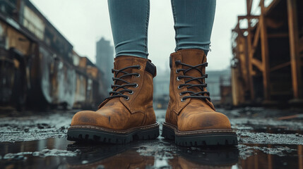 Boots photoshoot featuring rugged combat boots paired with a leather jacket in an industrial warehouse