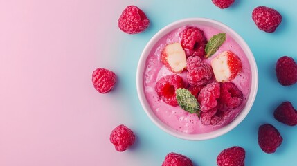 Berry smoothie bowl with fresh raspberries on pastel background