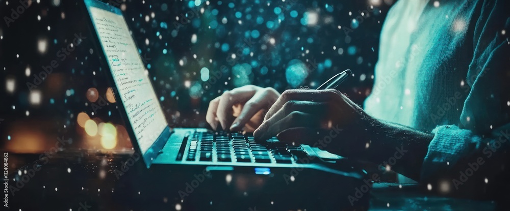Poster a person typing on a laptop with a snowy background, creating a cozy atmosphere.