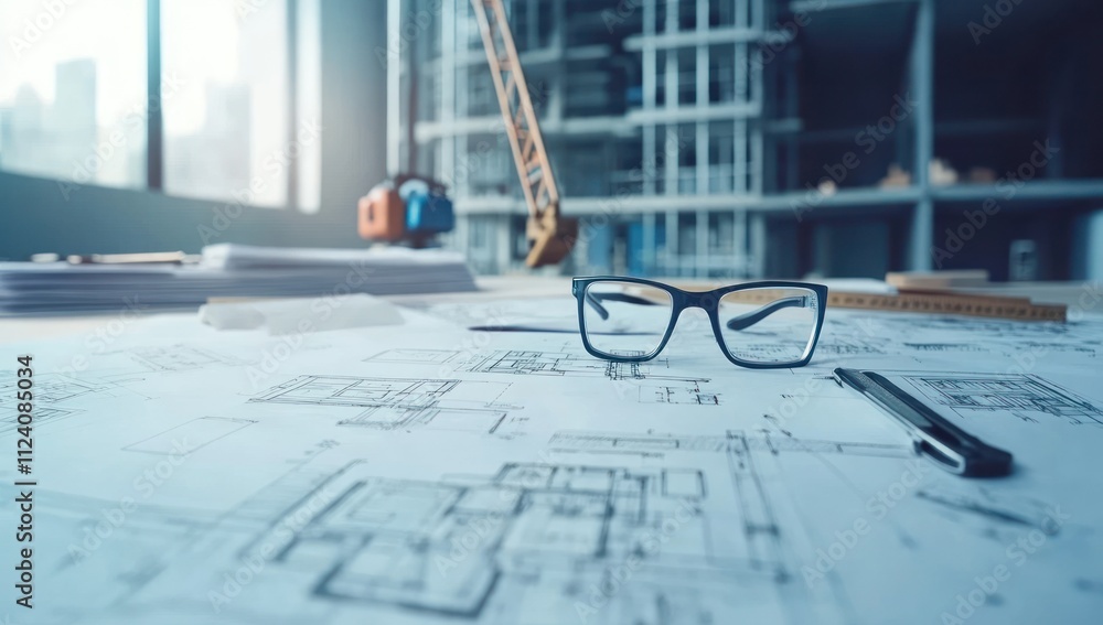 Poster Glasses resting on architectural blueprints in a workspace with construction tools.