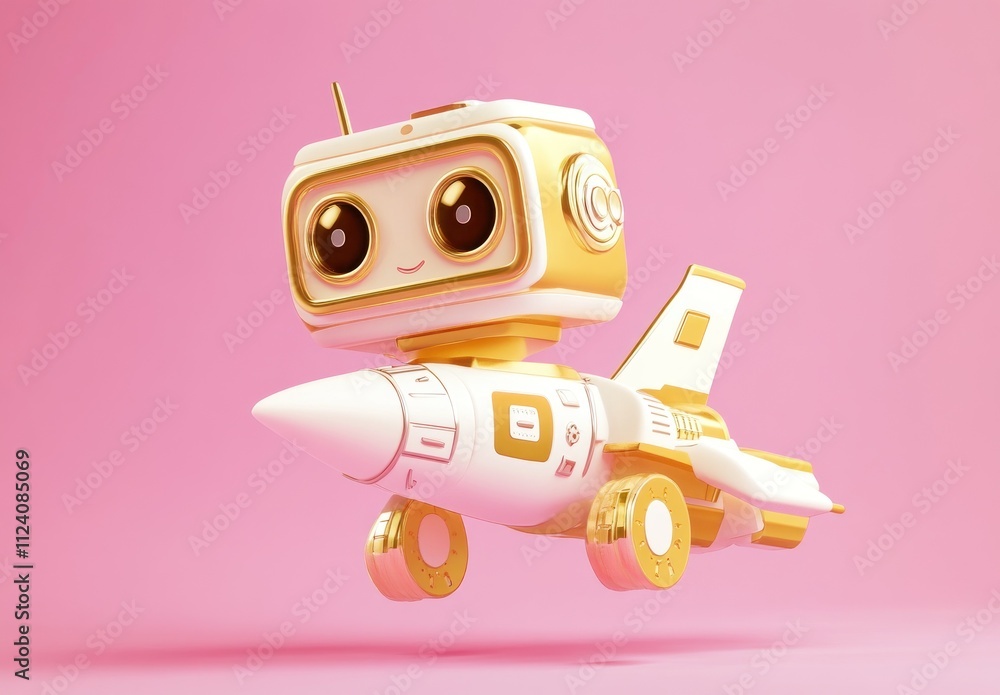 Poster a cute robot character riding a whimsical rocket against a pink background.