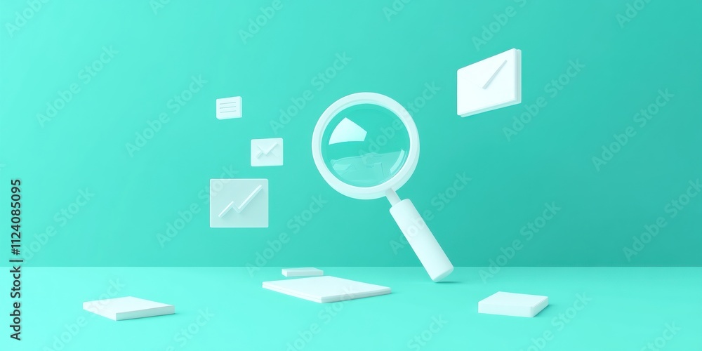 Poster a minimalist scene featuring a magnifying glass and floating documents, suggesting analysis.