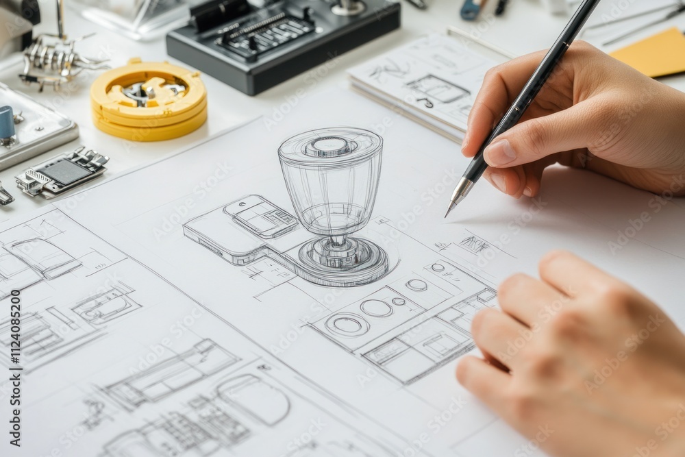 Poster A hand sketches a transparent cup design on a workspace filled with various technical tools.