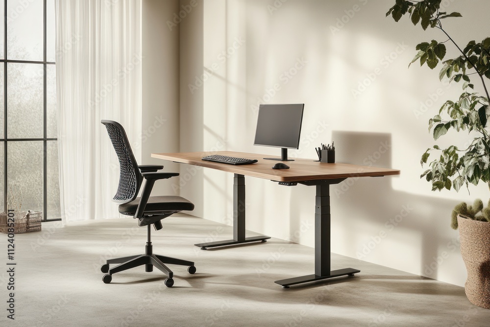 Poster a modern workspace featuring a desk, chair, and computer setup in a bright room.
