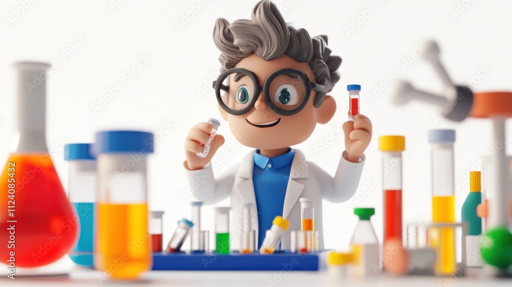 Poster A cartoon scientist explores colorful liquids in a lab setting.