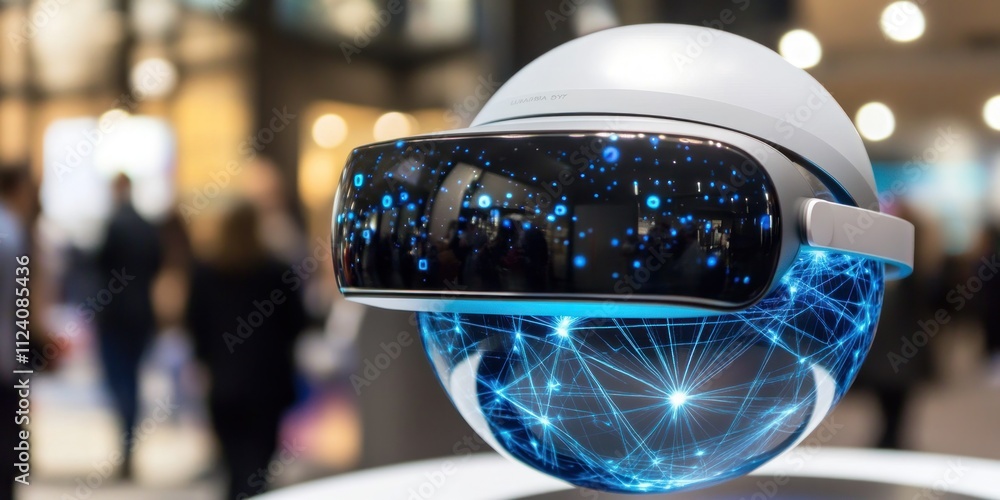 Aufkleber A futuristic VR headset displayed on a globe with a digital network design.