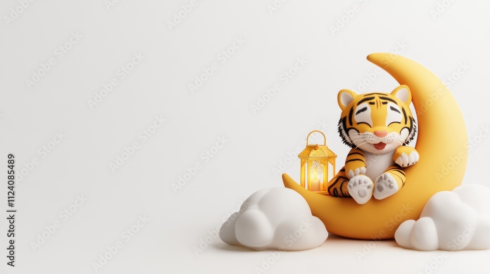Poster a cheerful cartoon tiger sitting on a crescent moon with clouds and a lantern.