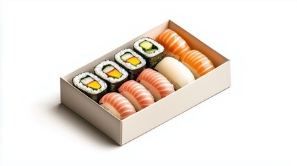 Colorful Sushi Platter with Rolls & Seaweed Salad in Minimalist Box