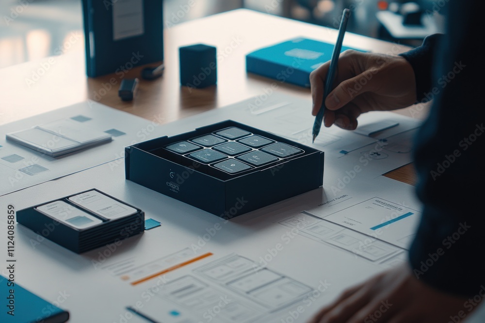 Poster A person sketches ideas on a table with design materials and a box of components.