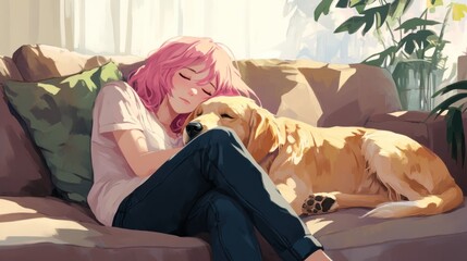 Naklejka premium A pink-haired girl rests peacefully with her golden retriever on a muted sofa
