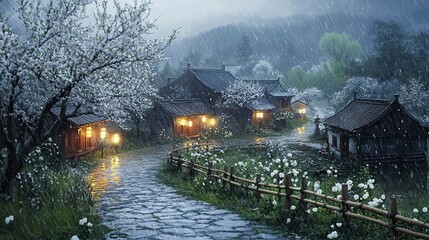 Fototapeta premium A small village in the rain, with white flowers blooming on trees and wooden houses. The lights of ancient Chinese lanterns illuminate the old stone road leading into the distance.