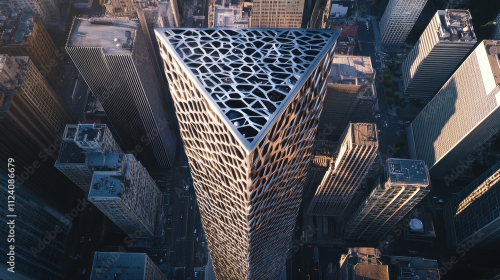 Poster aerial view of a modern triangular skyscraper with intricate facade design amidst a dense city skyli