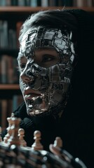 Futuristic figure with metallic face in contemplative moment