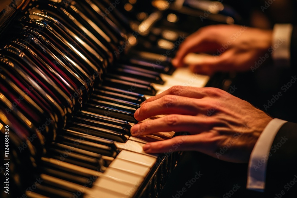 Poster a close-up of hands playing a piano, showcasing the keys and musical expression.