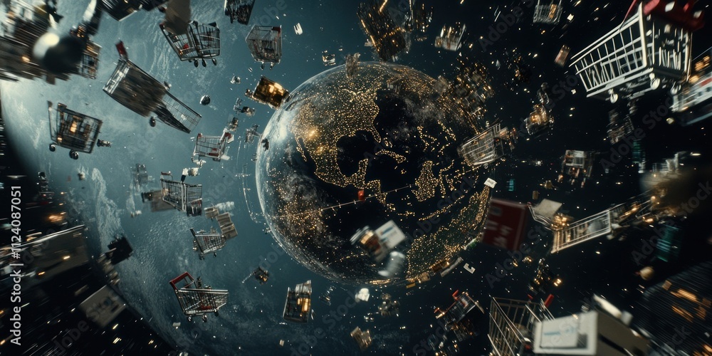 Aufkleber A futuristic view of Earth surrounded by floating structures, symbolizing technological advancement.