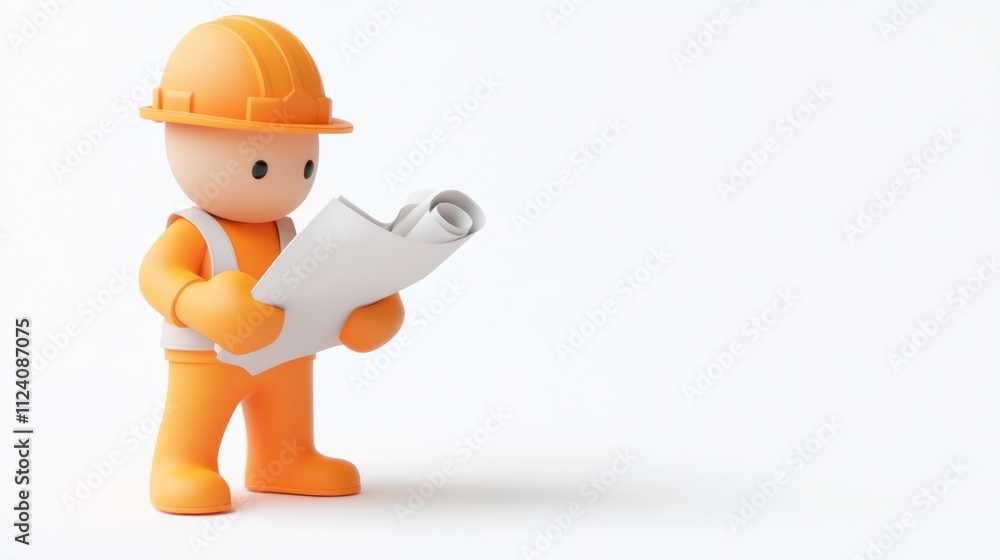 Poster a cartoon construction worker studying blueprints on a plain background.