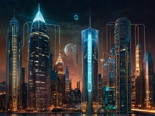 Futuristic Cityscape at Night Illuminated Towers and Moons