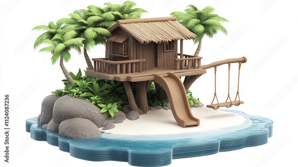 Poster A playful treehouse on an island with a slide and swing, surrounded by palm trees and water.