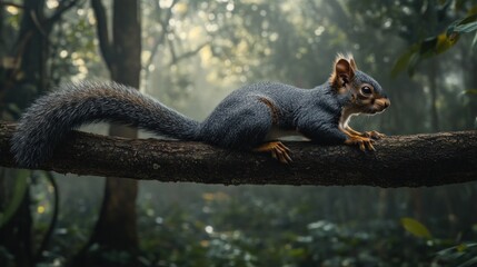 A squirrel perched on a branch in a misty forest, showcasing nature's beauty.