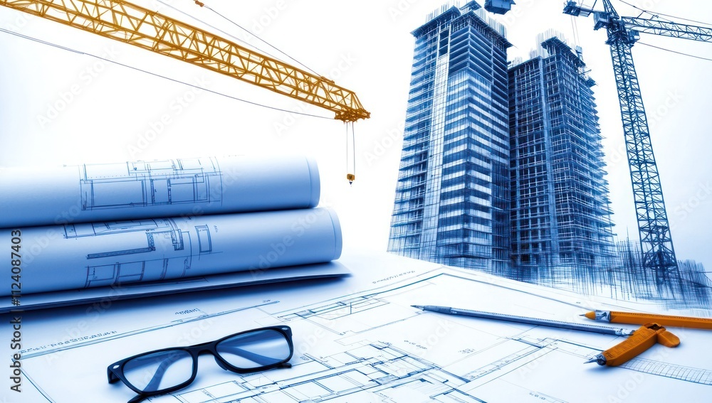 Poster construction site with blueprints and tools, highlighting architectural planning and development.
