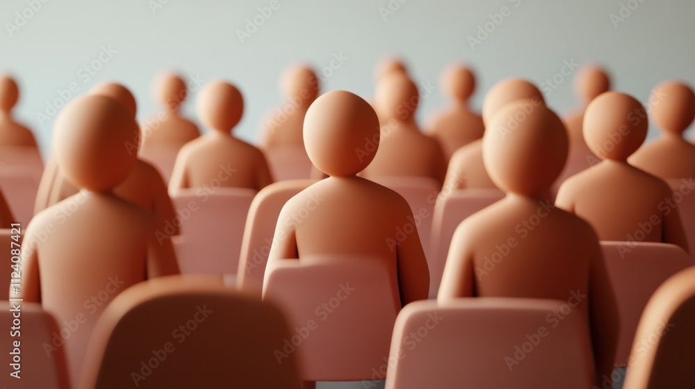 Poster a group of minimalist, stylized figures seated in a conference-like setting.