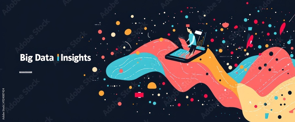 Aufkleber Abstract illustration representing big data insights with colorful waves and a person working on a laptop.