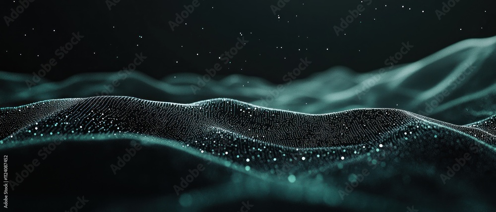 Poster Abstract representation of waves with glowing particles in a dark environment.