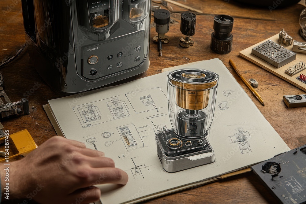 Poster A hand sketches a blender design on paper, surrounded by mechanical parts and a blender.