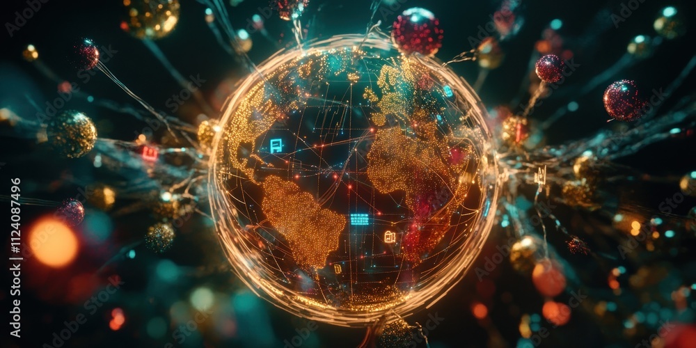 Poster A digital representation of a glowing globe interconnected with data and technology.