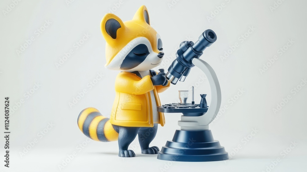 Poster a cute raccoon character examines a sample using a microscope, showcasing a playful science theme.