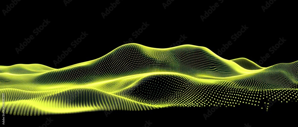 Poster abstract representation of undulating waves in neon yellow against a black background.
