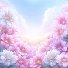 Fototapeta premium Blooming pink and white flowers in a tranquil landscape field nature scene soft sunrise glow serene viewpoint