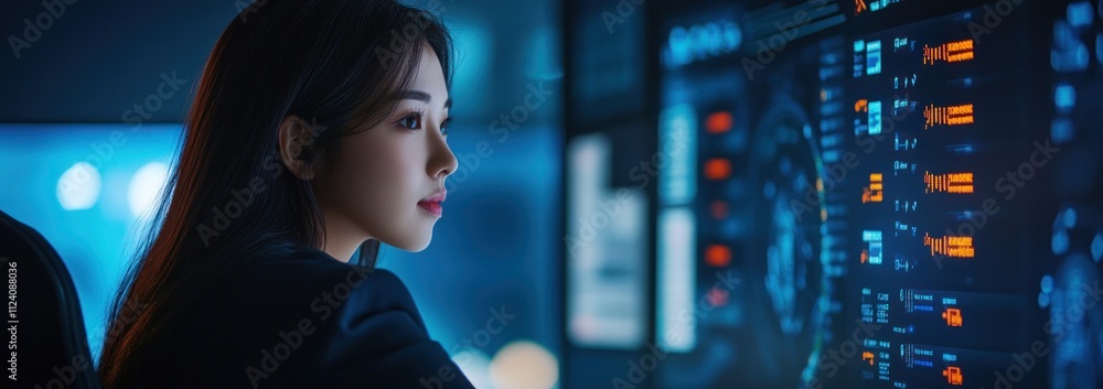 Aufkleber A woman focused on a digital interface, analyzing data in a high-tech environment.