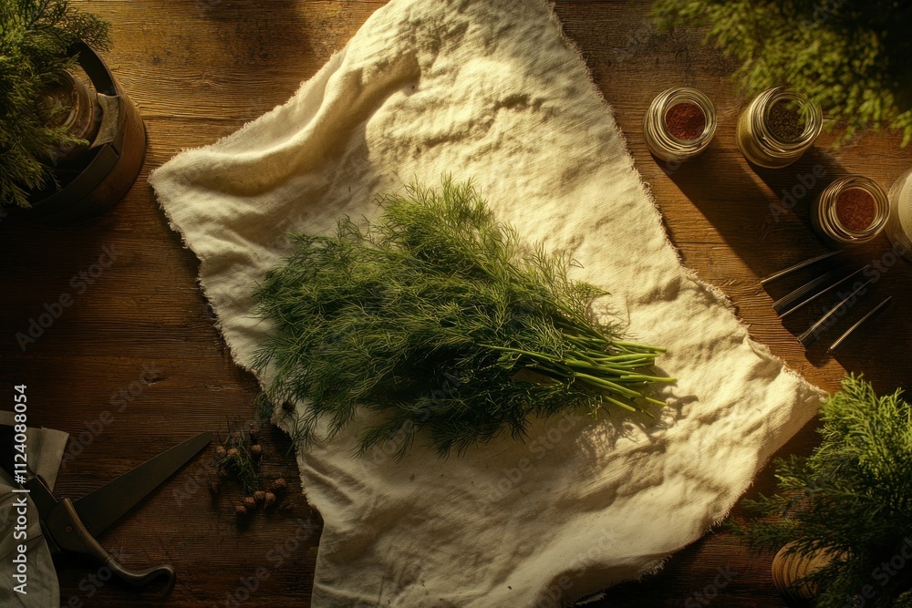 Poster a bundle of fresh dill resting on a cloth with jars and scissors nearby.