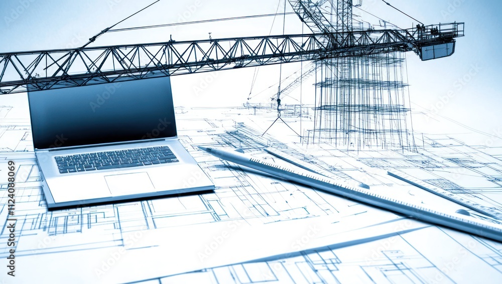 Poster a laptop on architectural blueprints with a construction crane in the background.