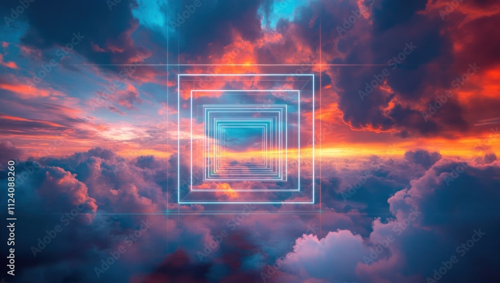 Poster a surreal depiction of clouds and vibrant colors with geometric shapes suggesting depth.
