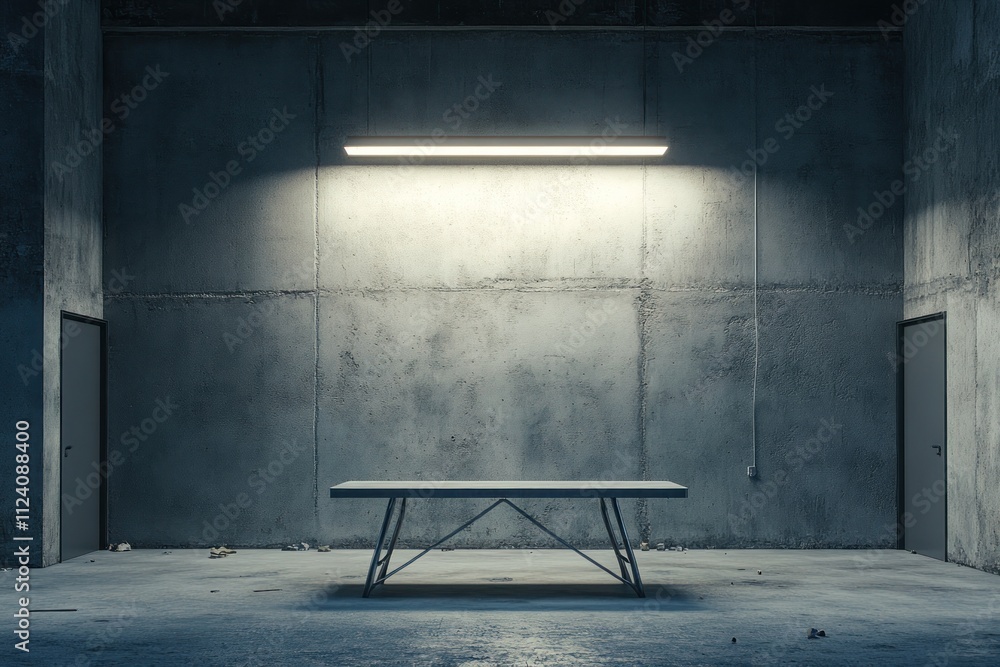 Aufkleber a minimalistic room featuring a table under a bright overhead light against a concrete backdrop.