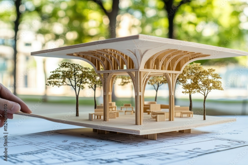 Aufkleber A detailed architectural model showcasing a pavilion with trees and seating.