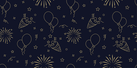 Fireworks Balloons and New Year's Hat in Seamless Pattern New Year's Eve
