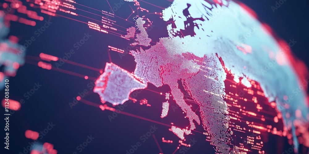 Poster A digital representation of Europe with data overlays and a futuristic design.