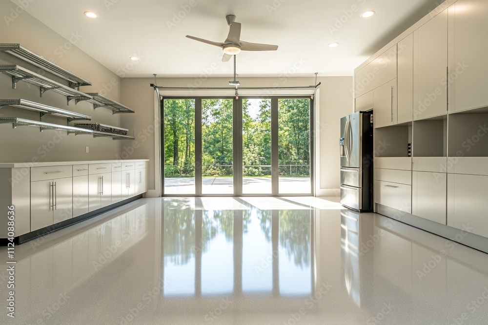 Aufkleber modern kitchen space with large windows and sleek cabinetry, designed for functionality.