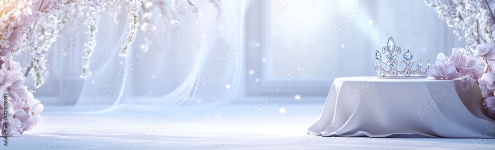 Poster a serene scene featuring a crown on a table, surrounded by soft decorations and light.
