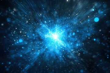Obraz premium Abstract blue energy burst; glowing particles radiate outwards. Ideal for backgrounds, science fiction, and energy-themed designs.
