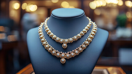 Jewelry campaign with a layered gold necklace styled elegantly on a mannequin bust