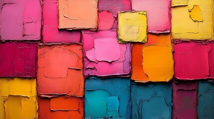 Colorful square makeup swatches, vibrant texture background.