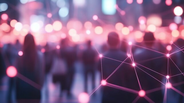 A blurred crowd surrounded by a digital network, symbolizing connectivity and technology.