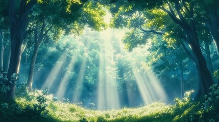 Obraz premium Sunbeams illuminate a lush green forest clearing.