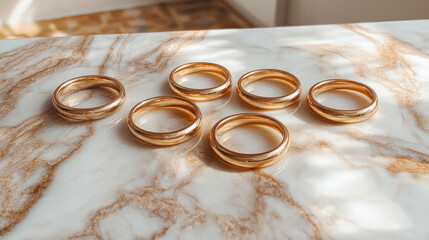 Jewelry flat lay featuring minimalist gold rings arranged on a marble-textured surface