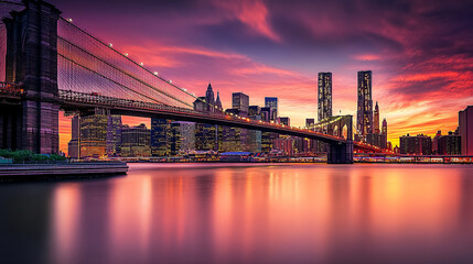 The Brooklyn Bridge with downtown New York City in the backdrop during a beautiful sunset.